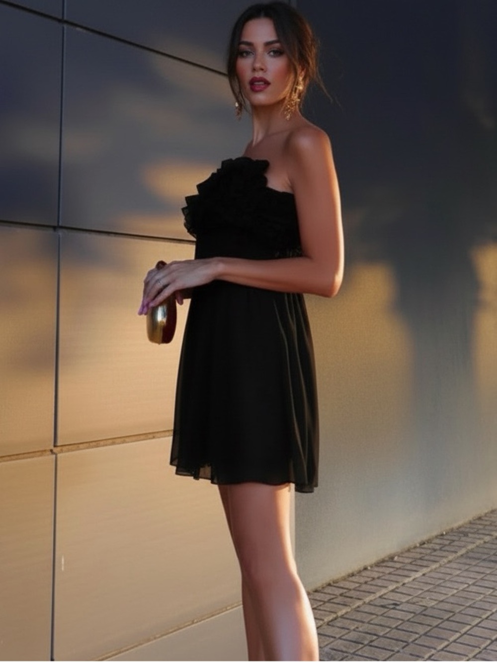 Commense Mesh Rosette Tube Pleat Short Dress